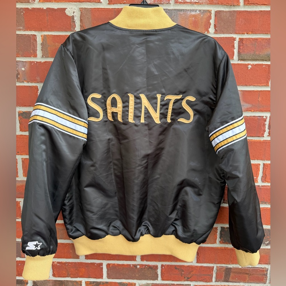Vintage STARTER New Orleans Saints NFL Black & Gold L Varsity Bomber Jacket T1 - Picture 2 of 8